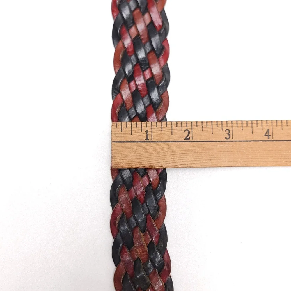 Nordstrom Braided Leather Belt Black Burgundy Brown Woven Brass Buckle Size M 28